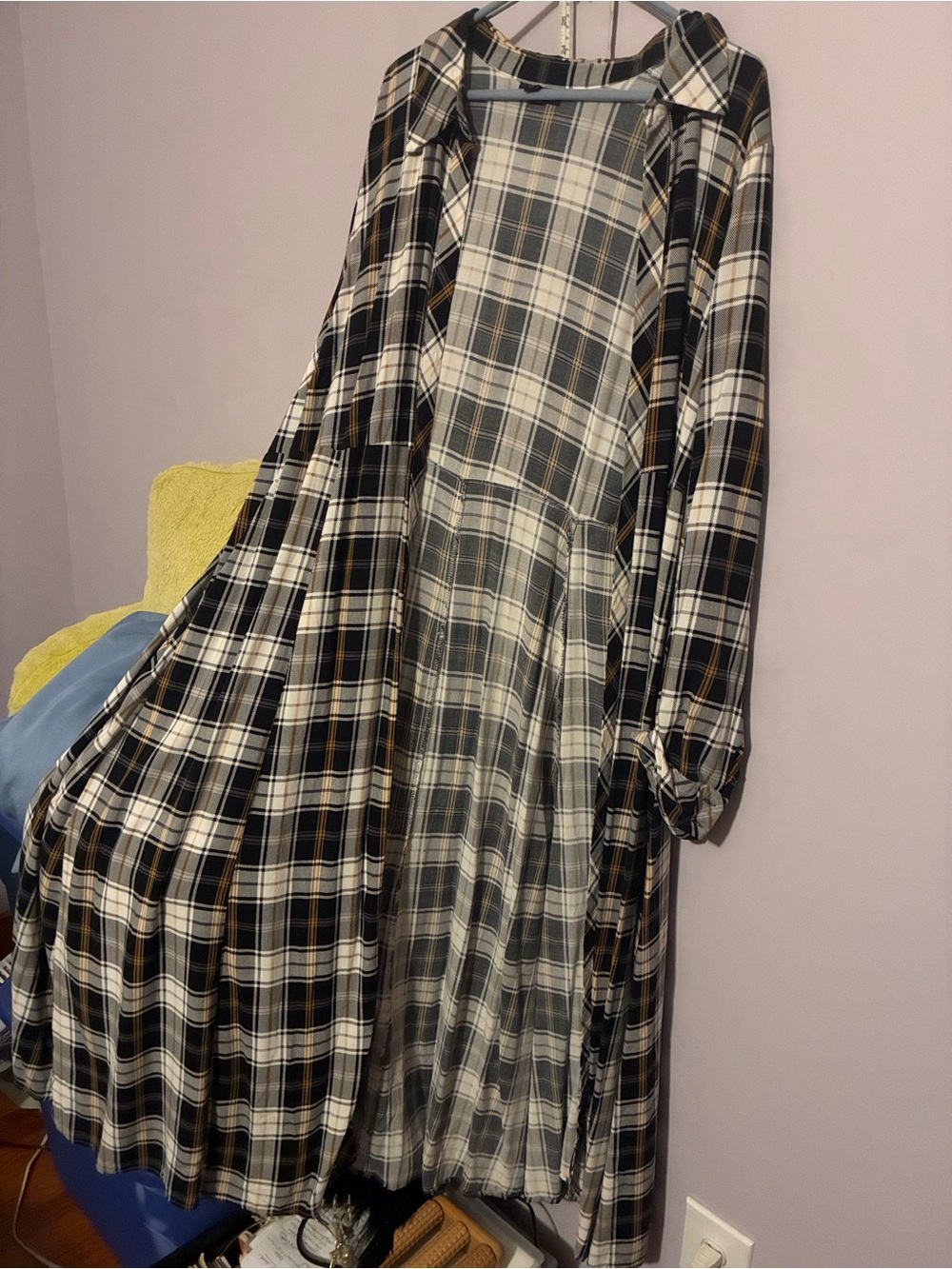 Black and Gold Plaid Long Sleeve Maxi Duster